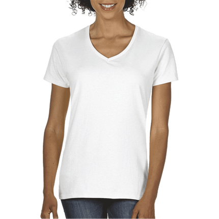 5V00L Ladies V Neck Heavy Cotton Short Sleeve T-shirt by Gildan. Shown in White, sold by RQC Supply Canada.