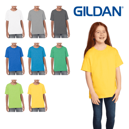 64500B Youth Softstyle Kids Short Sleeve T-Shirt by Gildan. Shown in all available colours, sold by RQC Supply Canada.