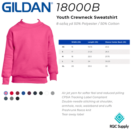 180B Youth Crew Neck Sweatshirt by Gildan sold by RQC Supply Canada. Size chart shown.