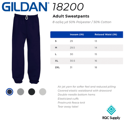 18200 Adult Sweatpants by Gildan, sold by RQC Supply Canada. Size chart shown.