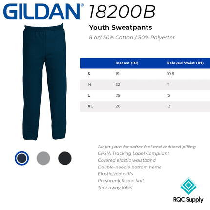 18200B Heavy Blend Youth Sweatpants by Gildan, sold by RQC Supply Canada. Size chart shown.