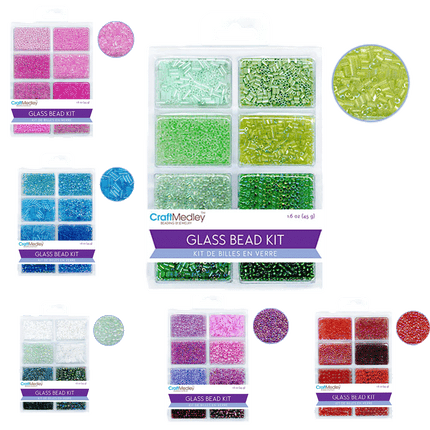 Glass beads Craft Medley brand, showing the colour selections available for sale sold by RQC Supply Canada.