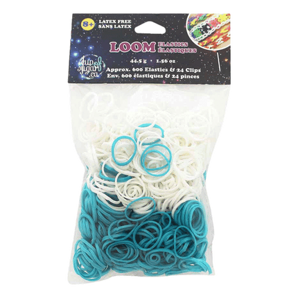 White and Turquoise Loom Elastics sold by RQC Supply Canada located in Woodstock, Ontario