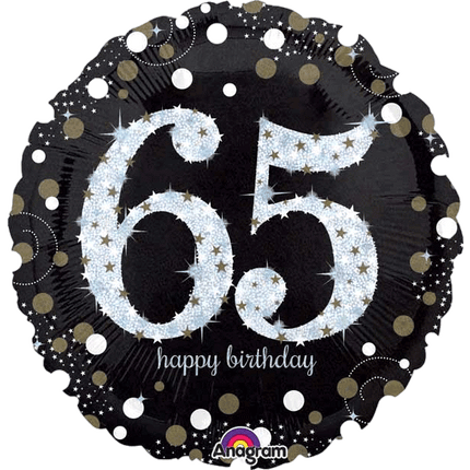 Sparkling Happy Birthday Foil 18" Balloons sold by RQC Supply located in Woodstock, Ontario Canada shown in 65th Birthday