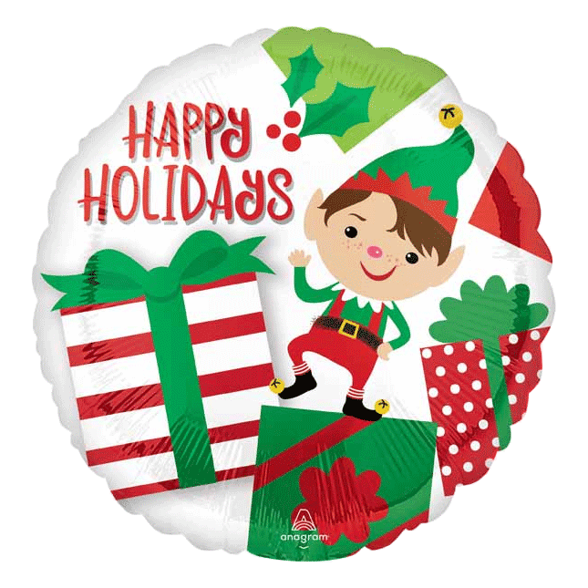 Happy Holidays Elf Christmas Gift Balloons sold by RQC Supply Canada located in Woodstock, Ontario 