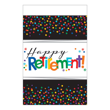 Happy Retirement Plastic Tablecloth sold by RQC Supply Canada located in Woodstock, Ontario