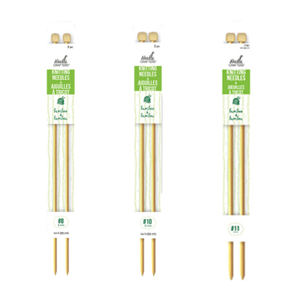Knitting Bamboo Needles, shown in all available sizes. Sold by RQC Supply Canada.