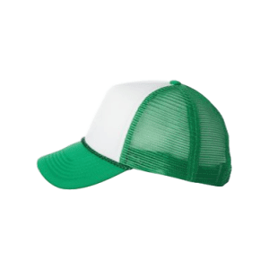 White and Kelly Green Foam Trucker Caps, aka foam mesh back trucker hats sold by RQC Supply Canada