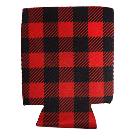 Neoprene Can Coolers. Red Black Buffalo Plaid colour shown, sold by RQC Supply Canada.