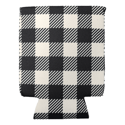 Neoprene Can Coolers. White Black Buffalo Plaid colour shown, sold by RQC Supply Canada.