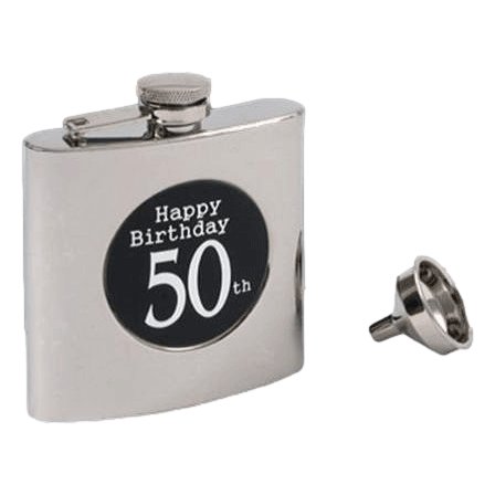 Happy 50th Birthday Flask and Funnel set sold by RQC Supply located in Woodstock, Ontario