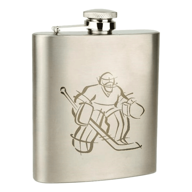 Goalie Stainless Steel Flask sold by RQC Supply located in Woodstock, Ontario