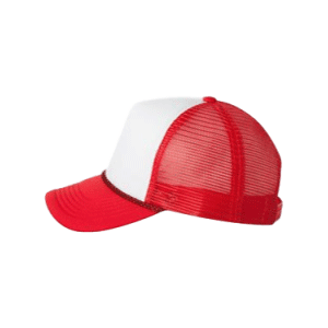 White and Red Foam Trucker Caps, aka foam mesh back trucker hats sold by RQC Supply Canada