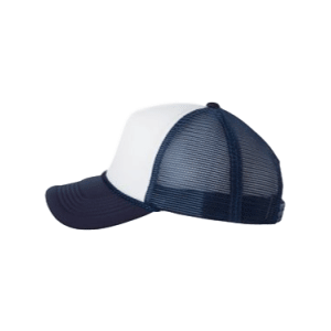 White and Navy Blue Foam Trucker Caps, aka foam mesh back trucker hats sold by RQC Supply Canada