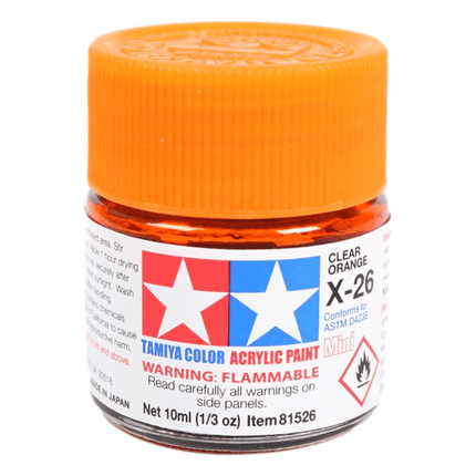 Tamiya Acrylic Paints for car models and much more sold at RQC Supply Canada your arts and craft store located in Woodstock, Ontario showing Clear Orange X-26 colour