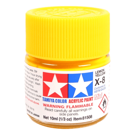Tamiya Acrylic Paints for car models and much more sold at RQC Supply Canada your arts and craft store located in Woodstock, Ontario showing Lemon Yellow X-8 Colour