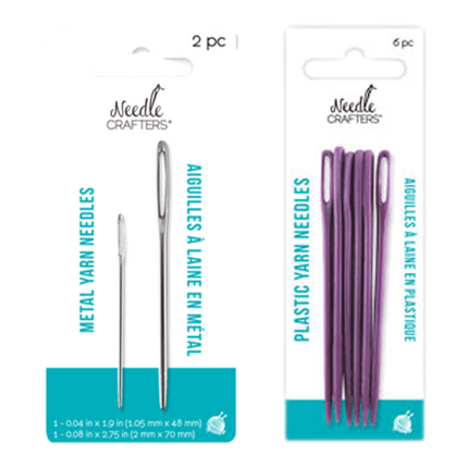 Yarn Finishing Needles, shown in plastic and metal styles. Sold by RQC Supply Canada.