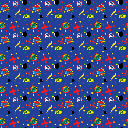 Zoom Boom Dynamite Blue Background Super Hero Themed Printed Pattern Vinyl Custom printed at RQC Supply Canada available in HTV Heat Transfer Vinyl and Adhesive Vinyl (Sticker Vinyl)