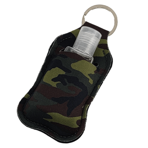 Green Camo Printed Red Keychain Hand sanitizer sports key chain with clear bottle sold by RQC Supply Canada