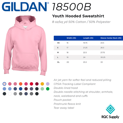 18500B Gildan Kids/Youth Hoodie sold by RQC Supply Canada. Size chart shown.