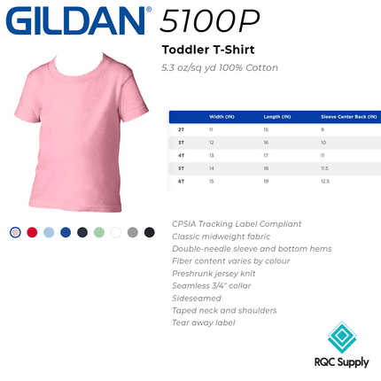 510P Heavy Cotton Toddler Short Sleeve T-Shirt by Gildan, sold by RQC Supply Canada. Size chart shown.