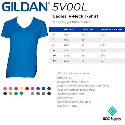 5V00L Ladies V Neck Heavy Cotton Short Sleeve T-shirt by Gildan, sold by RQC Supply Canada. Size chart shown.