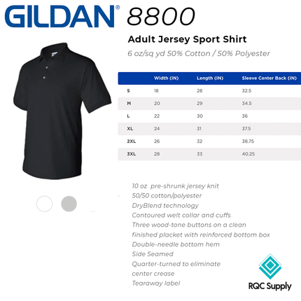 8800 Men's Polo Shirt Dry Blend Jersey Sport Shirt by Gildan, sold by RQC Supply Canada. Size chart shown.
