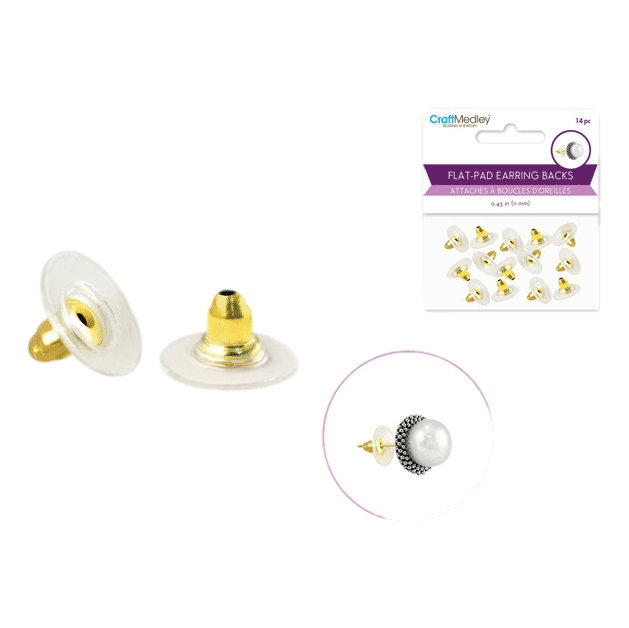 Gold plated clear earring flat backs sold at RQC Supply located in Woodstock, Ontario Canada.