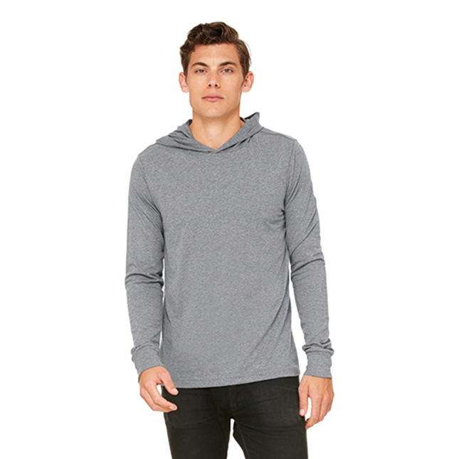 Heather Grey Mens Hooded Tshirt 100% polyester perfect for sublimation, sold by RQC Supply Canada