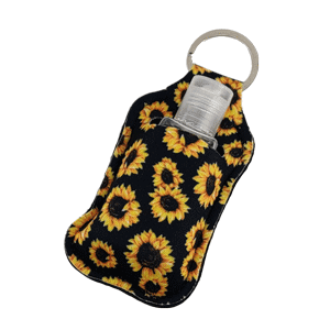Sunflower Keychain Hand sanitizer sports key chain with clear bottle sold by RQC Supply Canada