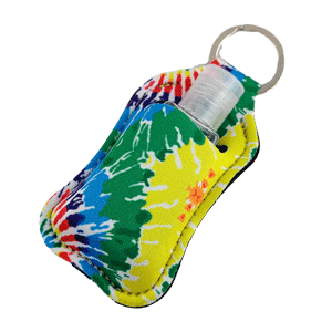Tye Dye Keychain Hand sanitizer sports key chain with clear bottle sold by RQC Supply Canada