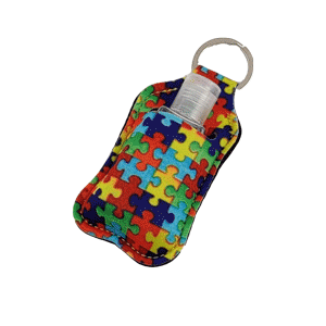 Autism hand sanitizer sports key chain with clear bottle sold by RQC Supply Canada