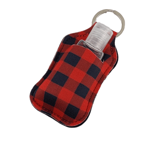 Red and Black Buffalo Plaid Keychain Hand sanitizer sports key chain with clear bottle sold by RQC Supply Canada