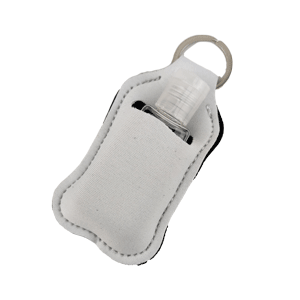 White Sublimation hand sanitizer sports key chain with clear bottle sold by RQC Supply Canada
