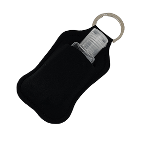 Black Sublimation hand sanitizer sports key chain with clear bottle sold by RQC Supply Canada
