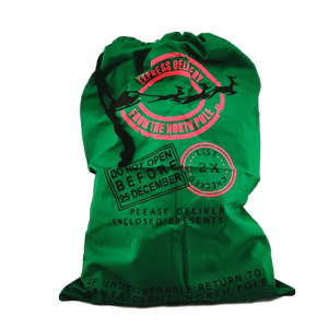 Green Sleigh Santa Sacs sold by RQC Supply Canada