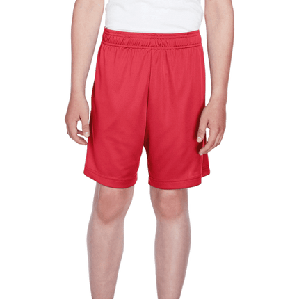 Youth Performance Shorts sold by RQC Supply Canada shown in red colour