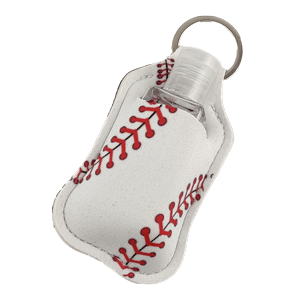 White baseball hand sanitizer sports key chain with clear bottle sold by RQC Supply Canada